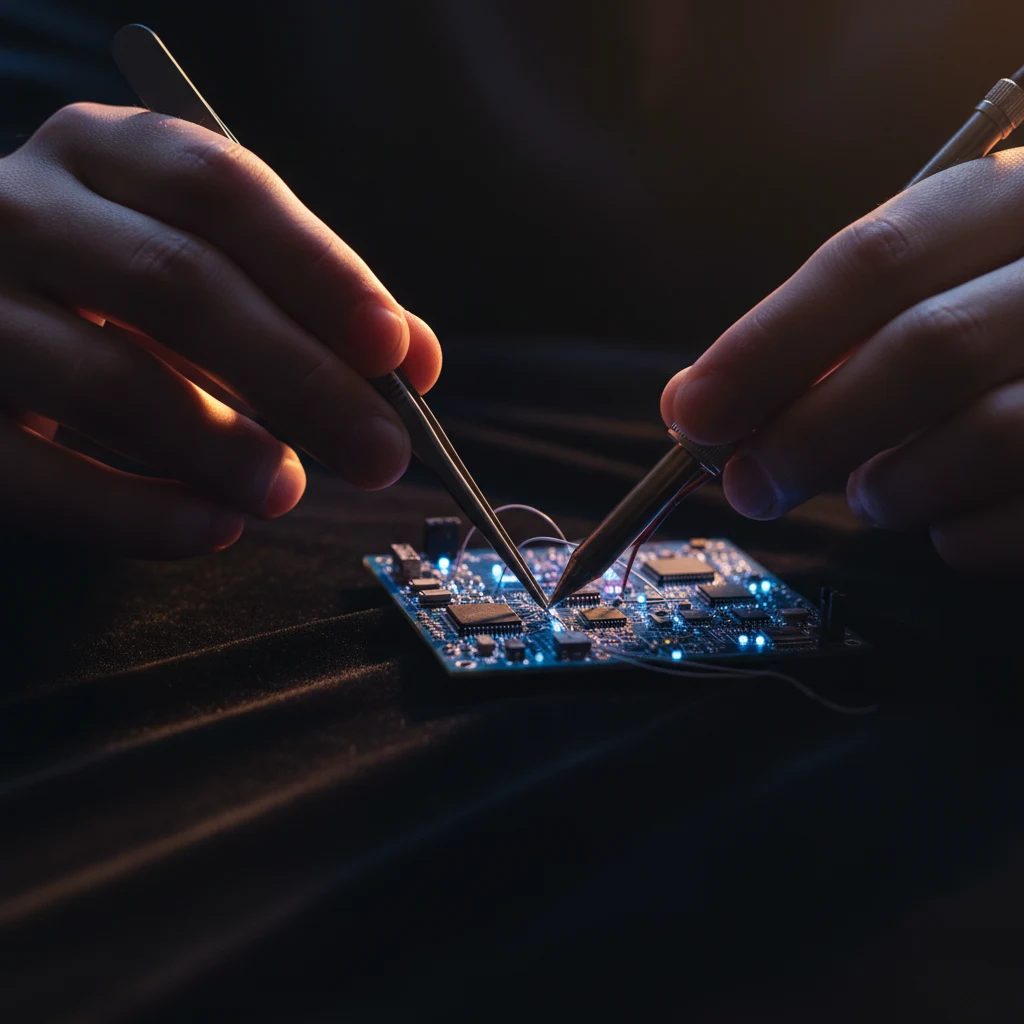 Professeur guidant un jeune guitariste, sourire complice.